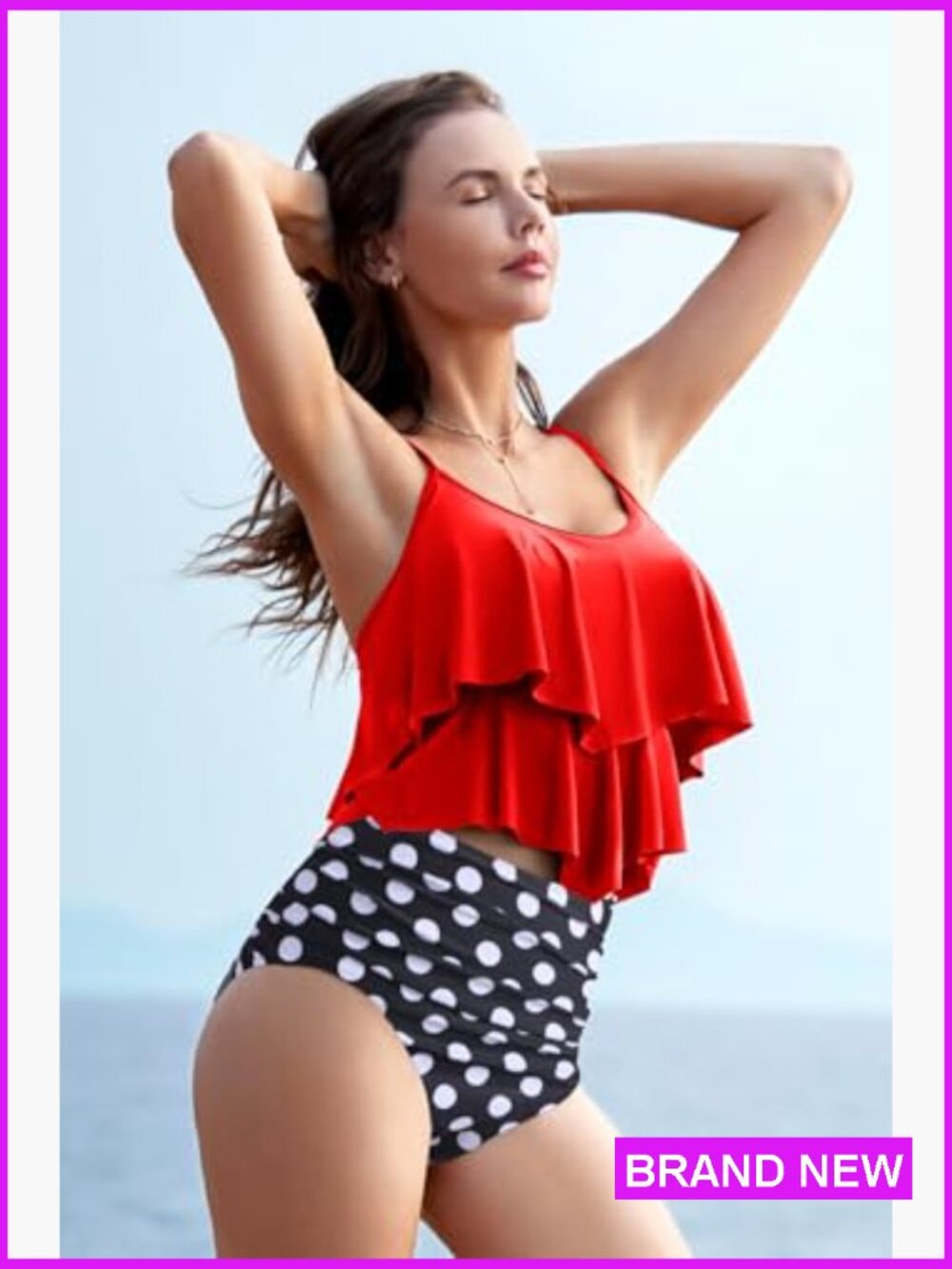 Flounce Tankini High Waisted Tummy Control Halter Neck Swim Set Sleeveless - Picture 4 of 7